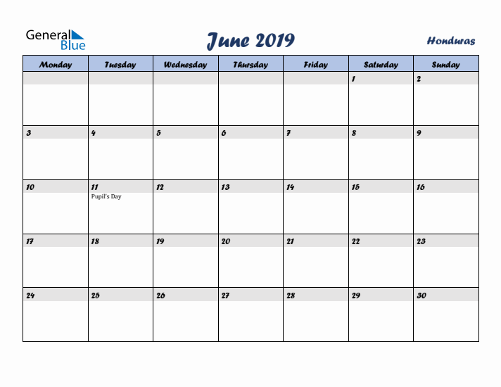 June 2019 Calendar with Holidays in Honduras