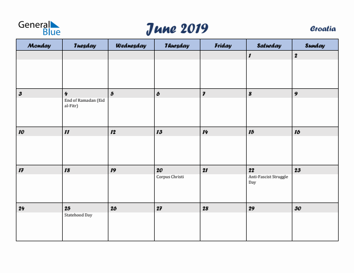 June 2019 Calendar with Holidays in Croatia