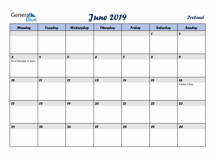 June 2019 Calendar with Holidays in Ireland