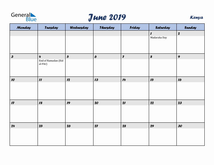 June 2019 Calendar with Holidays in Kenya