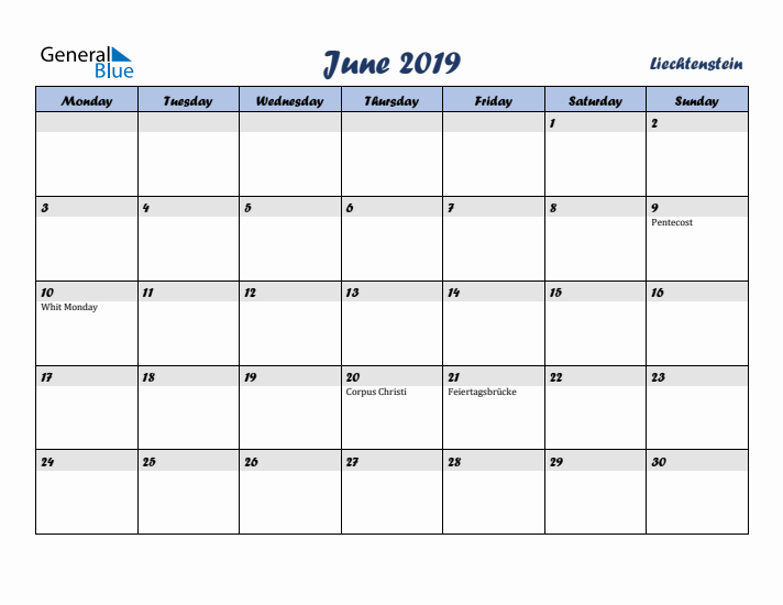 June 2019 Calendar with Holidays in Liechtenstein