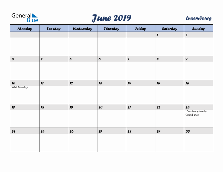 June 2019 Calendar with Holidays in Luxembourg