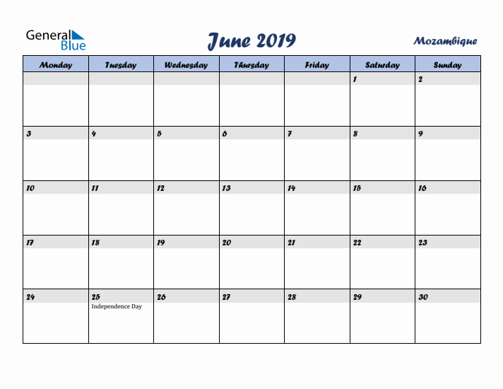 June 2019 Calendar with Holidays in Mozambique