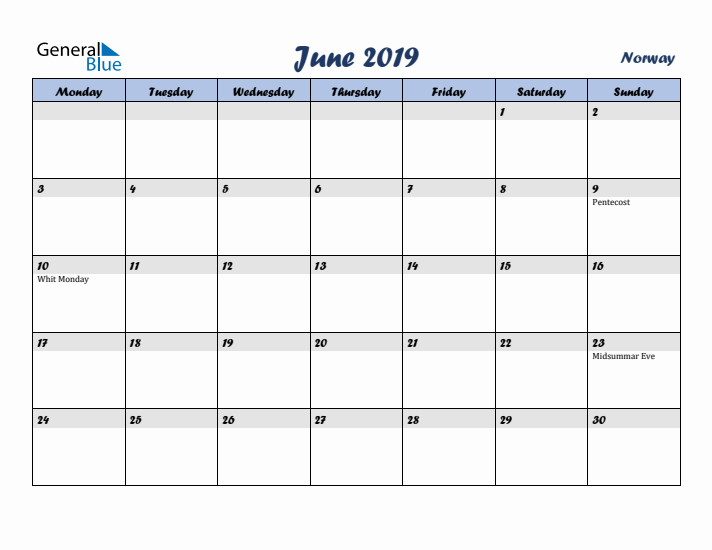 June 2019 Calendar with Holidays in Norway