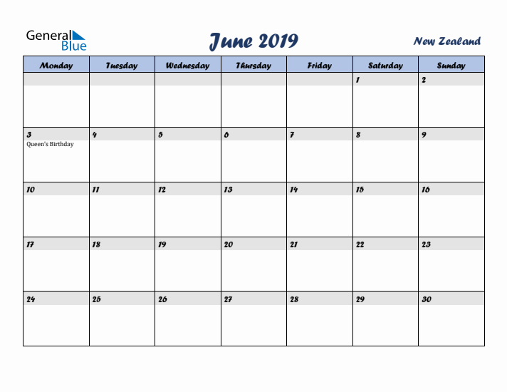 June 2019 Calendar with Holidays in New Zealand