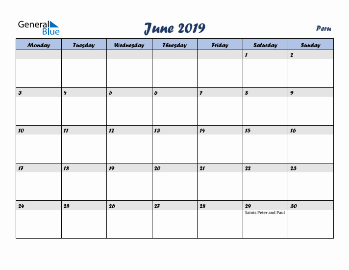 June 2019 Calendar with Holidays in Peru