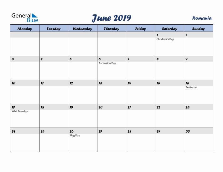 June 2019 Calendar with Holidays in Romania