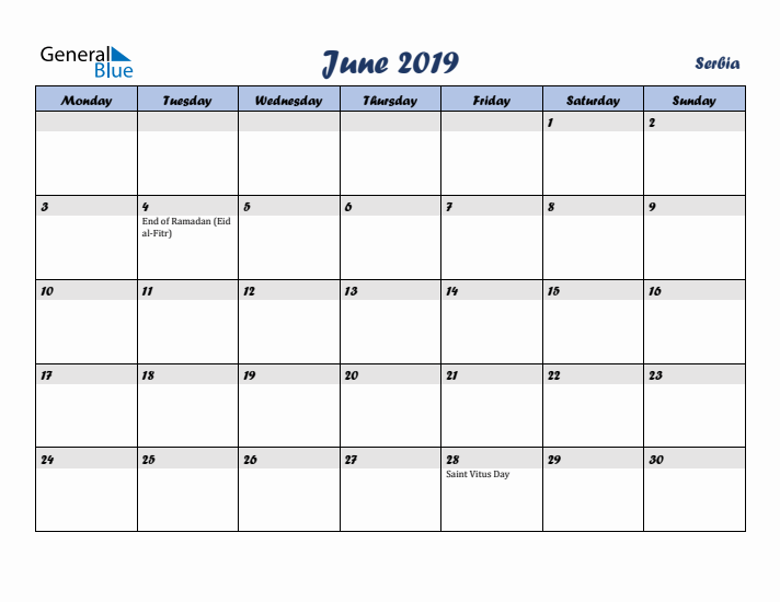 June 2019 Calendar with Holidays in Serbia