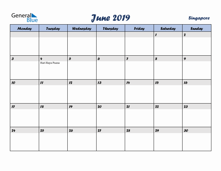 June 2019 Calendar with Holidays in Singapore
