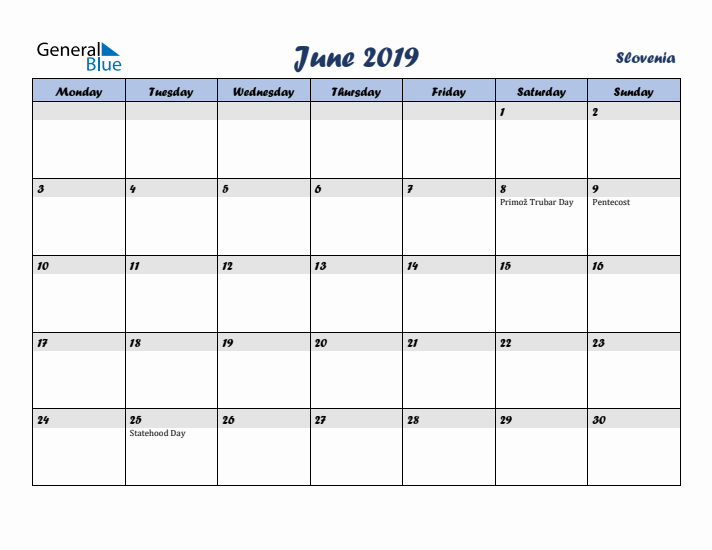 June 2019 Calendar with Holidays in Slovenia