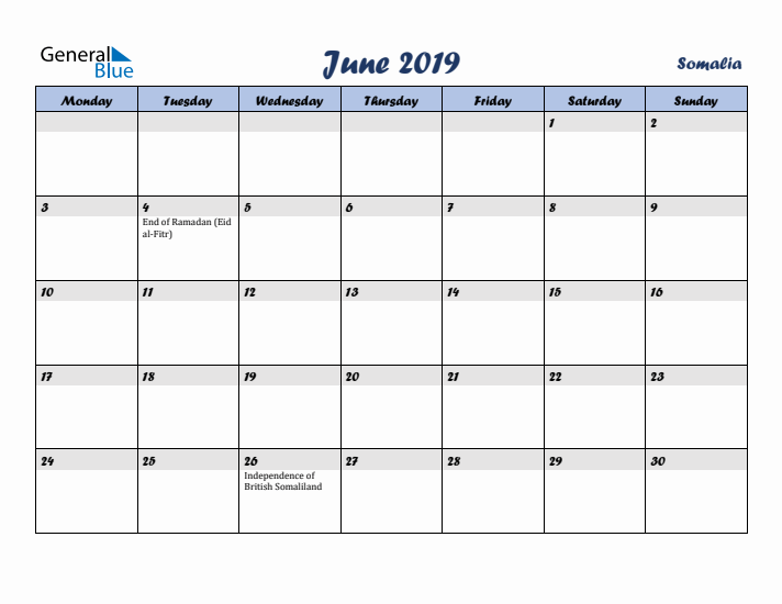 June 2019 Calendar with Holidays in Somalia