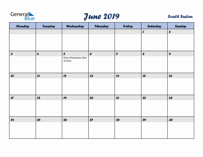 June 2019 Calendar with Holidays in South Sudan
