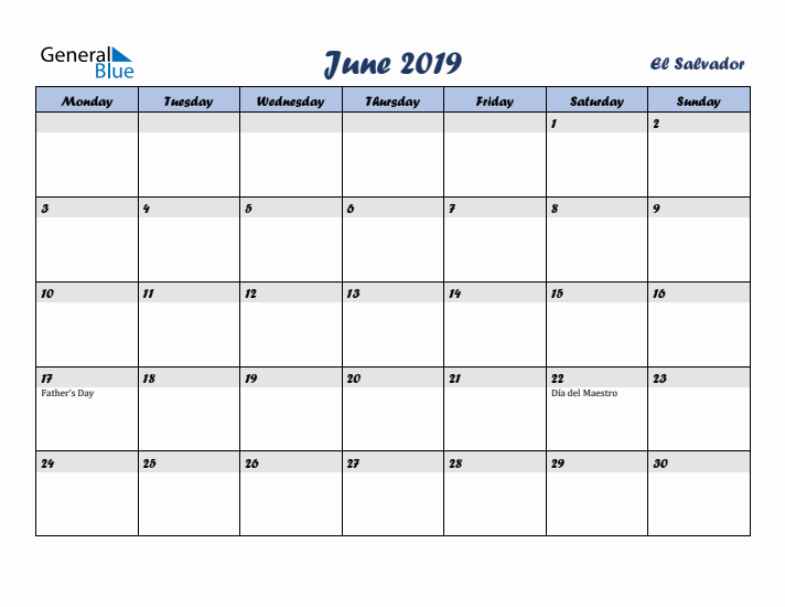 June 2019 Calendar with Holidays in El Salvador