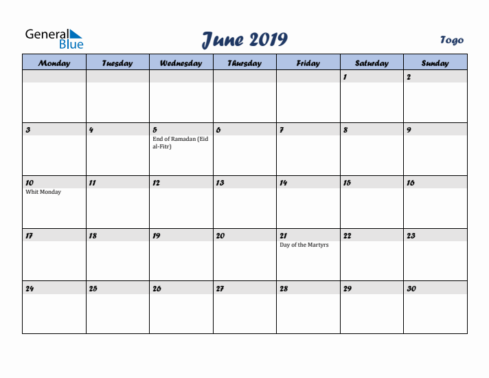 June 2019 Calendar with Holidays in Togo