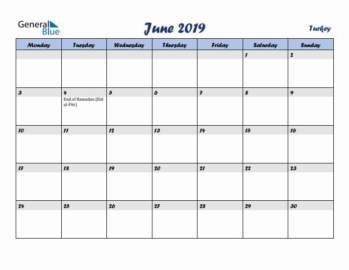 June 2019 Calendar with Holidays in Turkey