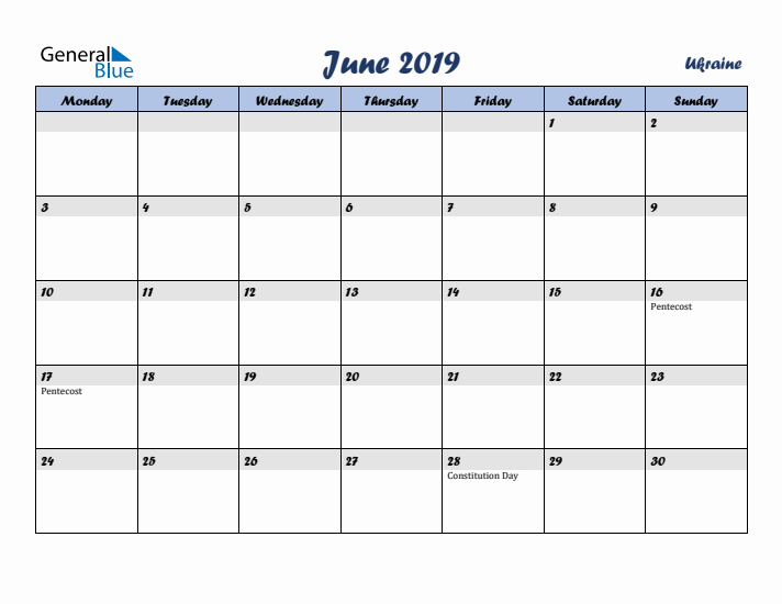 June 2019 Calendar with Holidays in Ukraine