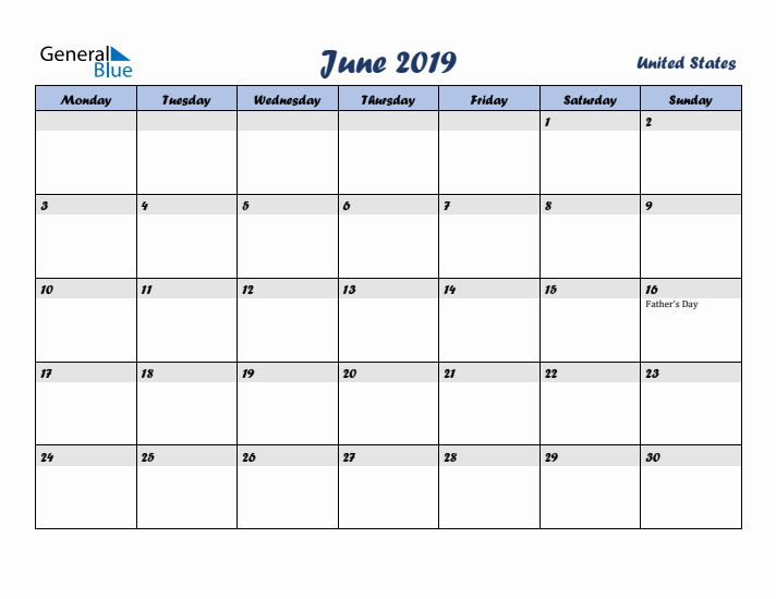 June 2019 Calendar with Holidays in United States