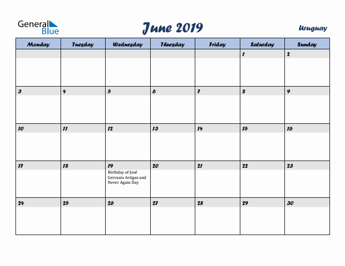 June 2019 Calendar with Holidays in Uruguay
