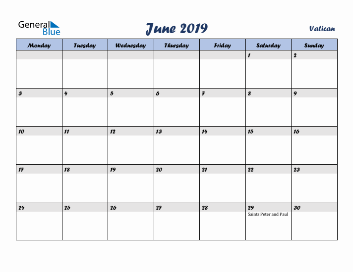 June 2019 Calendar with Holidays in Vatican