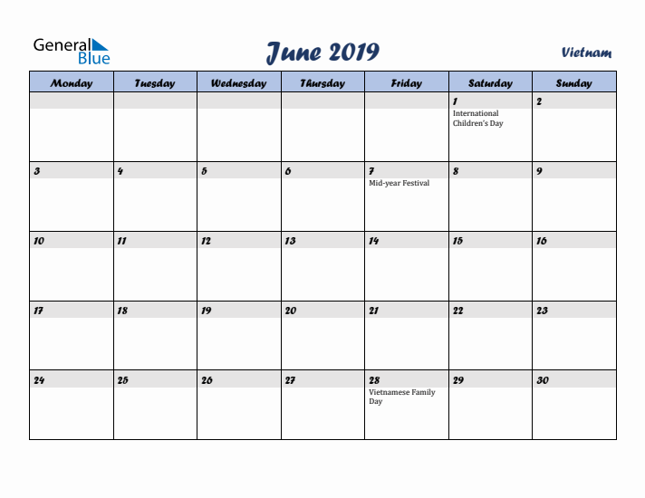 June 2019 Calendar with Holidays in Vietnam