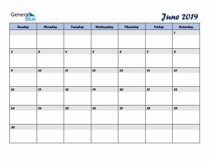 June 2019 Blue Calendar (Sunday Start)