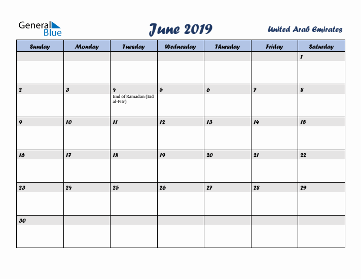 June 2019 Calendar with Holidays in United Arab Emirates