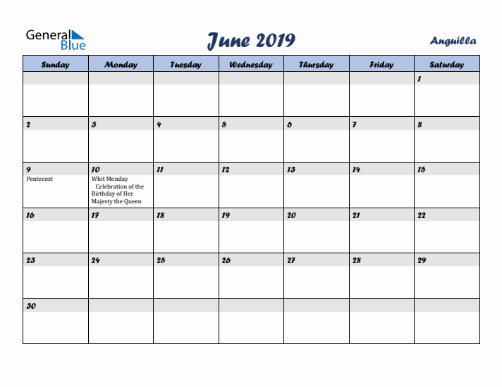 June 2019 Calendar with Holidays in Anguilla