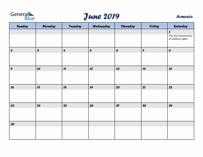 June 2019 Calendar with Holidays in Armenia
