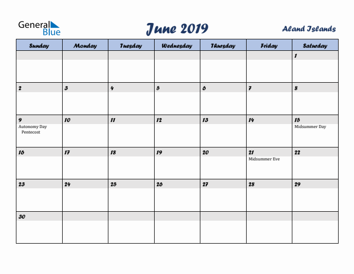 June 2019 Calendar with Holidays in Aland Islands