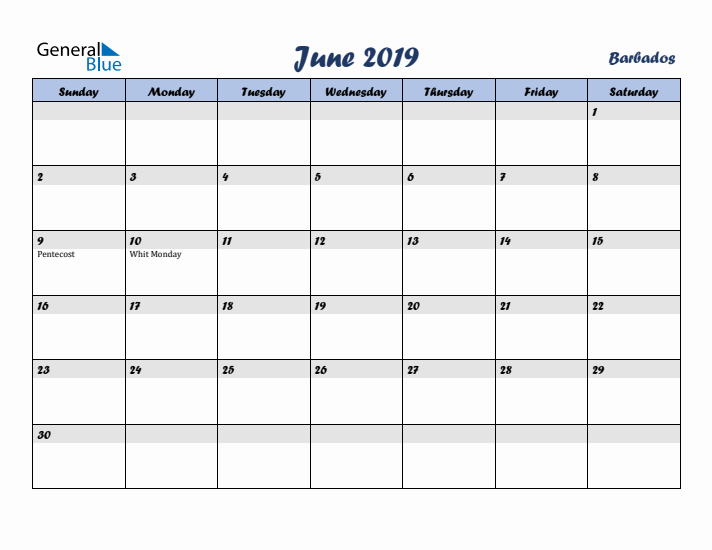 June 2019 Calendar with Holidays in Barbados