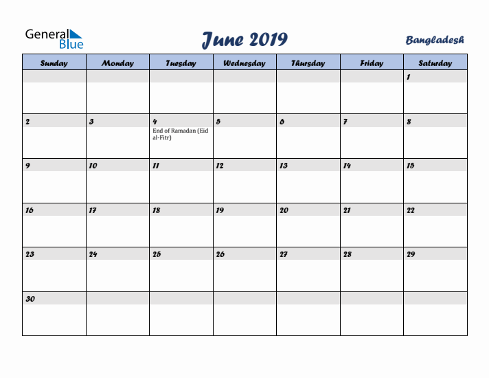 June 2019 Calendar with Holidays in Bangladesh
