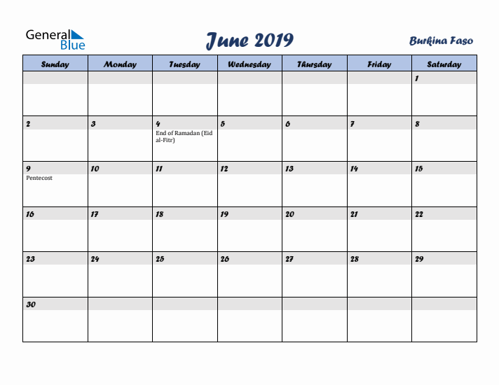 June 2019 Calendar with Holidays in Burkina Faso
