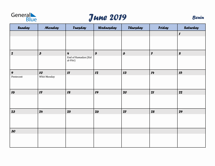 June 2019 Calendar with Holidays in Benin