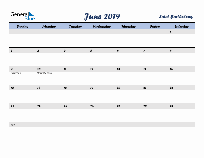 June 2019 Calendar with Holidays in Saint Barthelemy