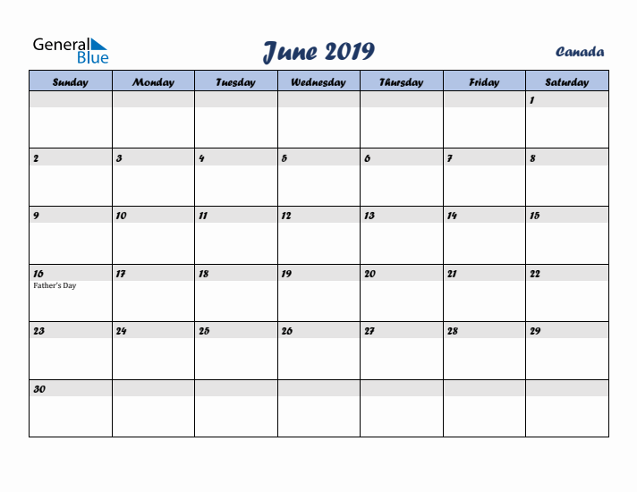 June 2019 Calendar with Holidays in Canada