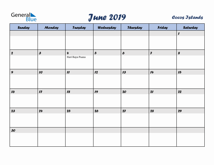 June 2019 Calendar with Holidays in Cocos Islands