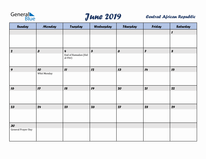 June 2019 Calendar with Holidays in Central African Republic