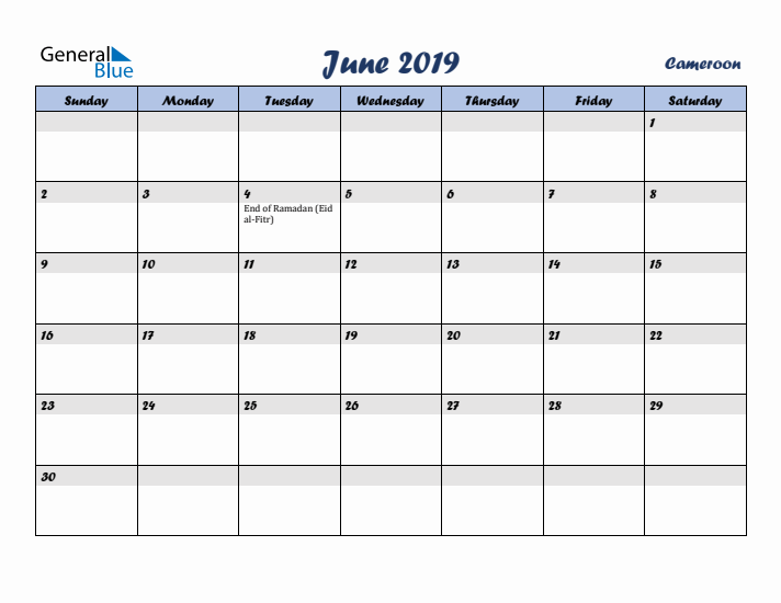June 2019 Calendar with Holidays in Cameroon