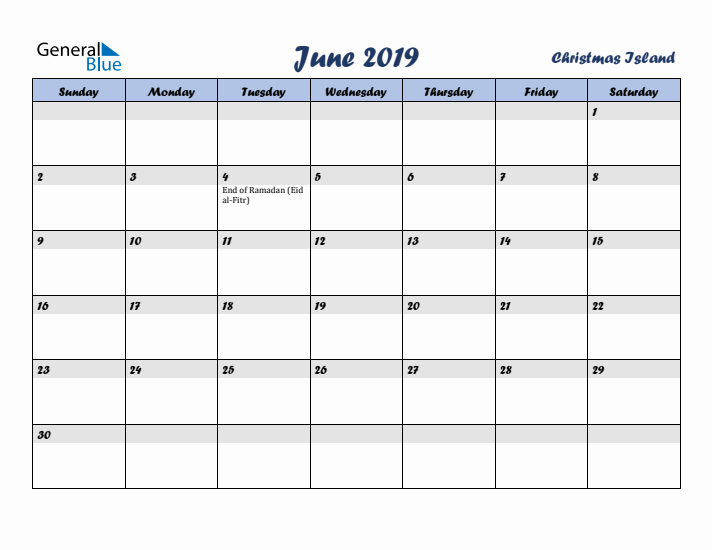 June 2019 Calendar with Holidays in Christmas Island