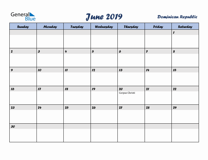 June 2019 Calendar with Holidays in Dominican Republic
