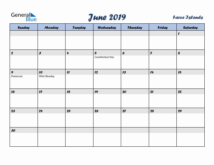 June 2019 Calendar with Holidays in Faroe Islands