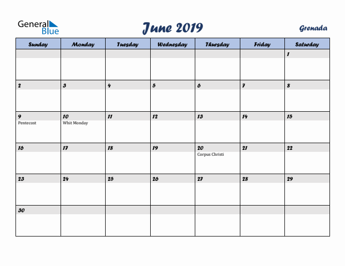 June 2019 Calendar with Holidays in Grenada