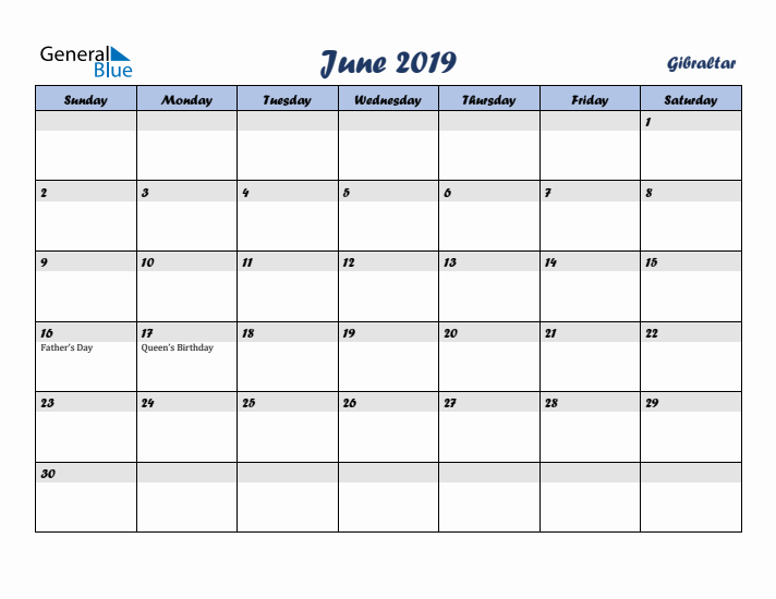 June 2019 Calendar with Holidays in Gibraltar