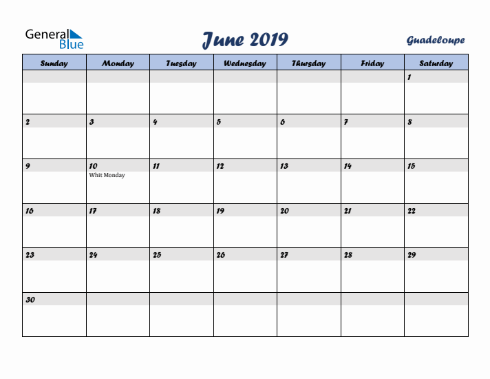 June 2019 Calendar with Holidays in Guadeloupe
