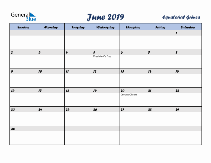 June 2019 Calendar with Holidays in Equatorial Guinea
