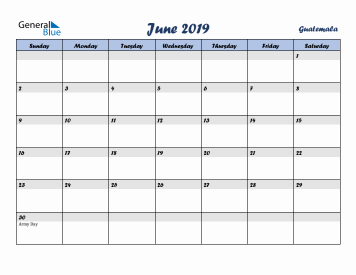 June 2019 Calendar with Holidays in Guatemala