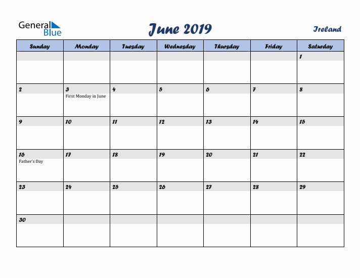 June 2019 Calendar with Holidays in Ireland