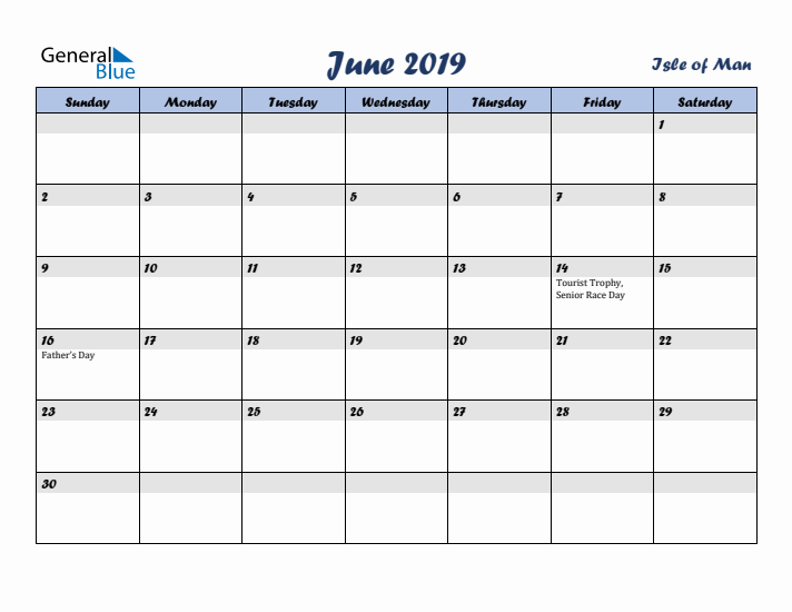 June 2019 Calendar with Holidays in Isle of Man