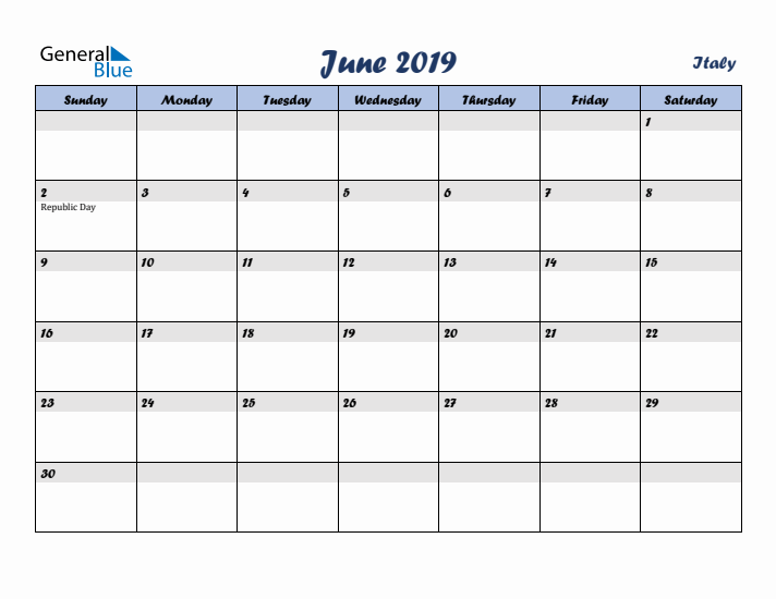 June 2019 Calendar with Holidays in Italy