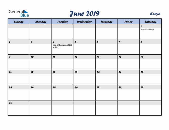 June 2019 Calendar with Holidays in Kenya